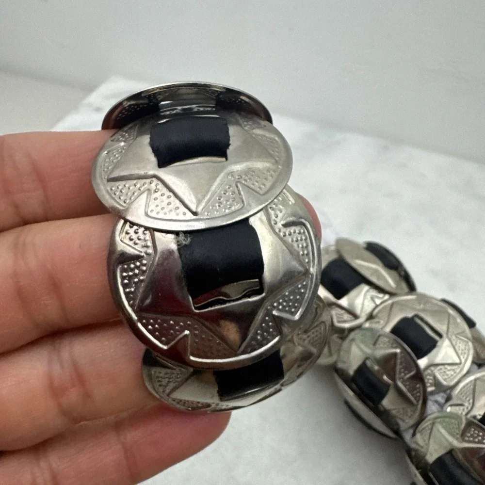 Western Leather Belt & Buckle Napkin Rings Black Silver Tone Set of 4